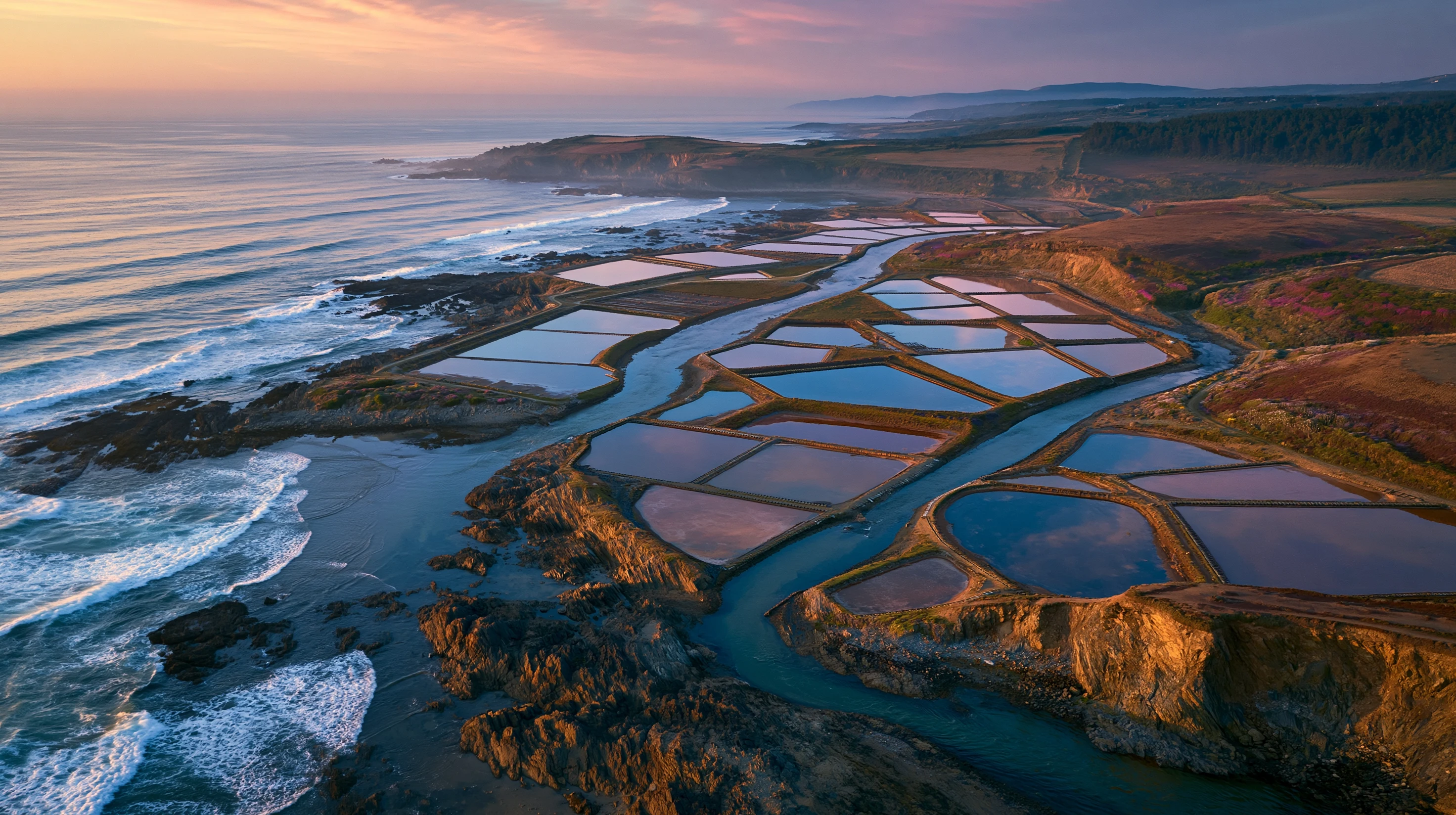 Aerial view of a series of salt evaporation pans at the edge of Bannow Bay. Geometric grids of shallow water reflect the sky, divided by low stone walls.