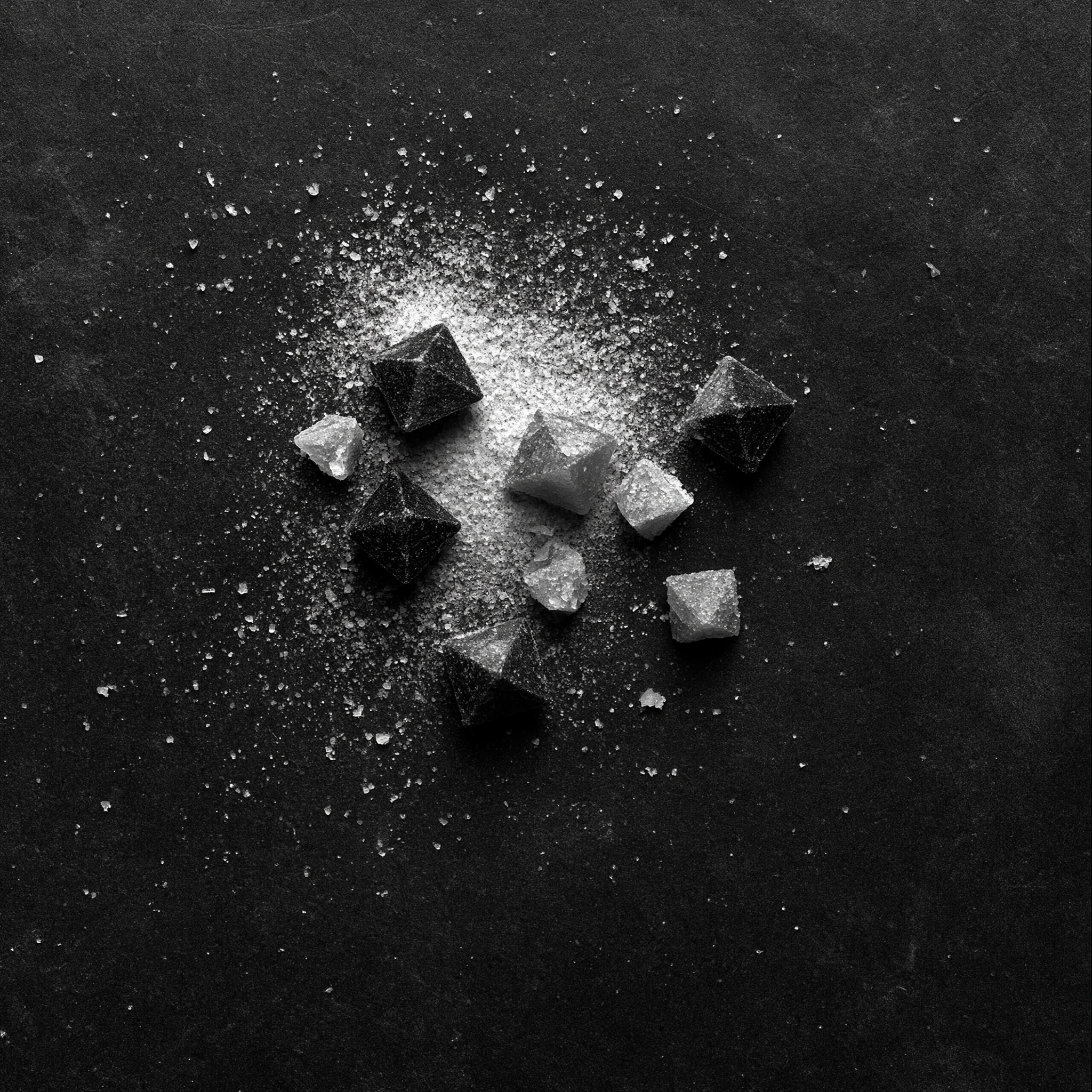 Macro photograph of pyramid sea salt crystals on dark slate. Hollow, geometric flakes, the largest about ten millimetres across, soft edges catching the light.