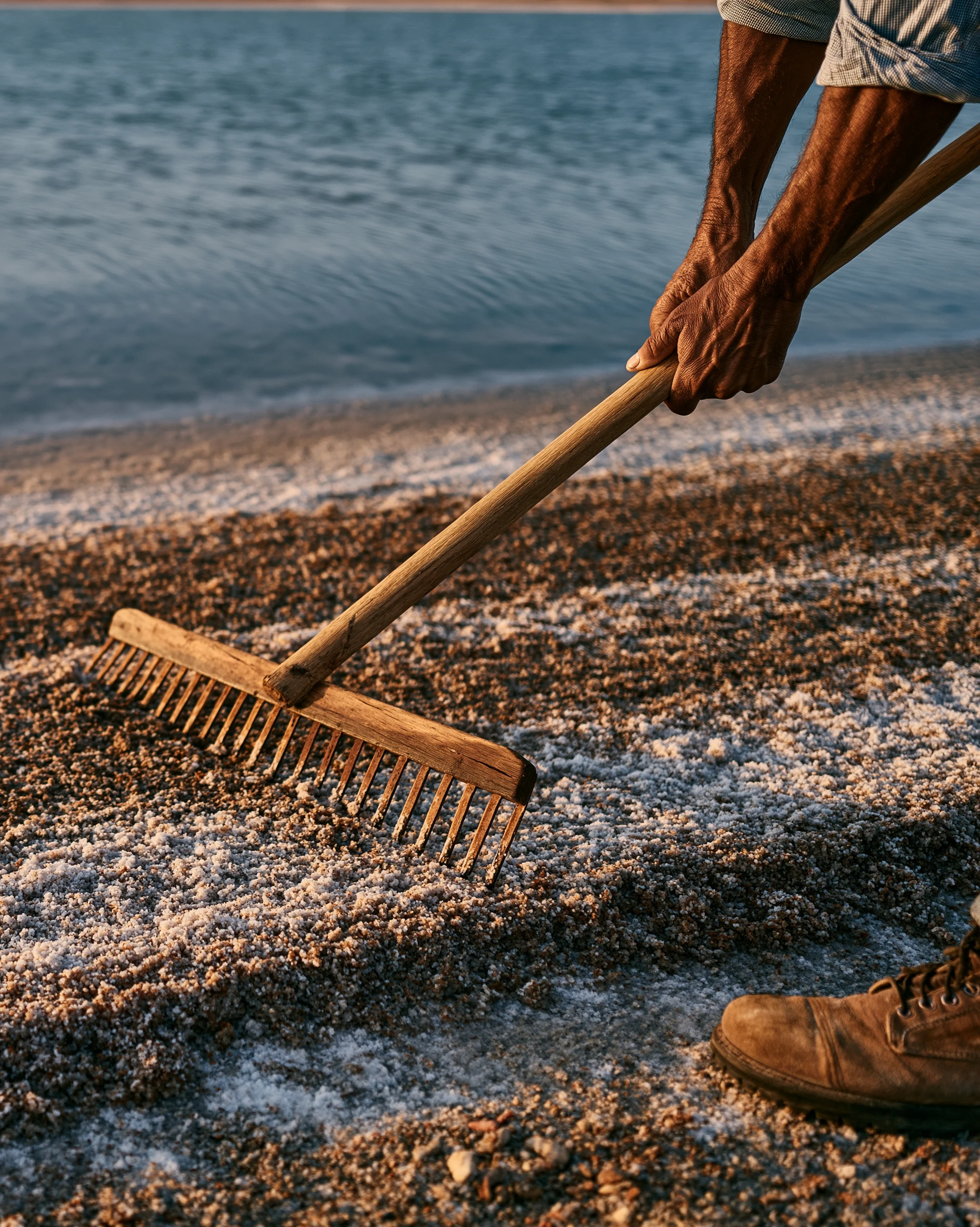 A weathered hand drawing a wooden rake across a shallow salt pan at the close of the harvest. The water has gone; the pan is white with crust.