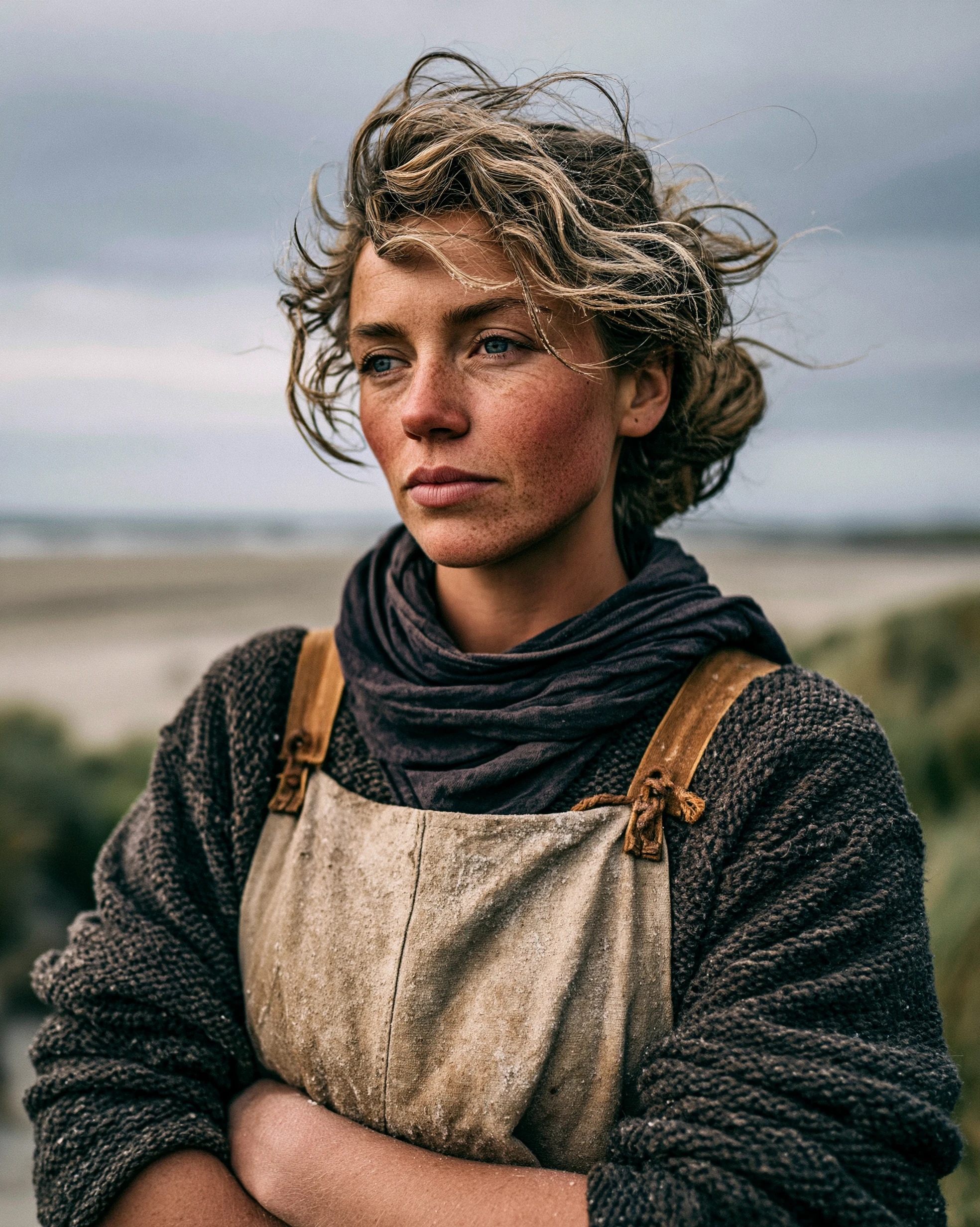 Aoife Kearney, salt-maker, photographed against Bannow Bay at golden hour. Weather-worn jacket, calm eyes, one hand resting on a wooden rake.