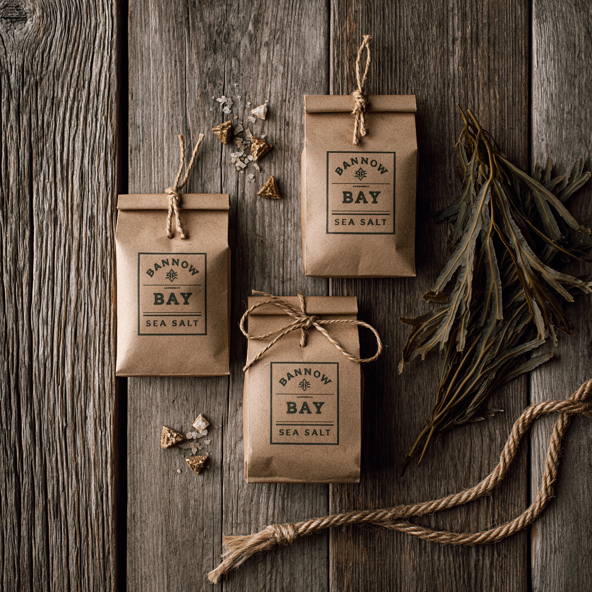 Top-down flat lay of three Bannow Bay kraft paper bags, lined up on a slate surface. Hand-stamped labels in deep slate ink.