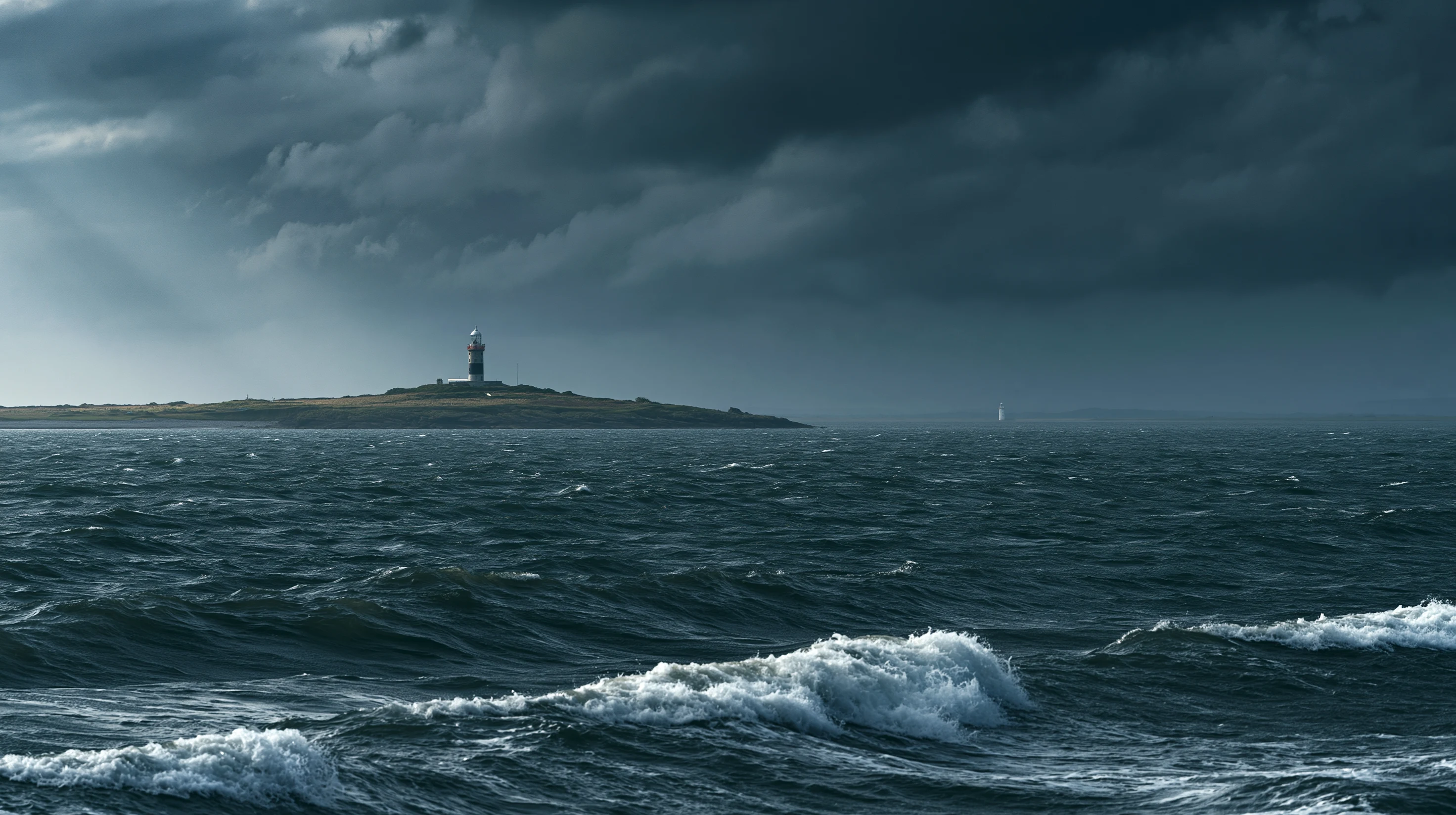Heavy storm clouds rolling in over Hook Head peninsula, the lighthouse just visible against the sea, the water below dark and unsettled.